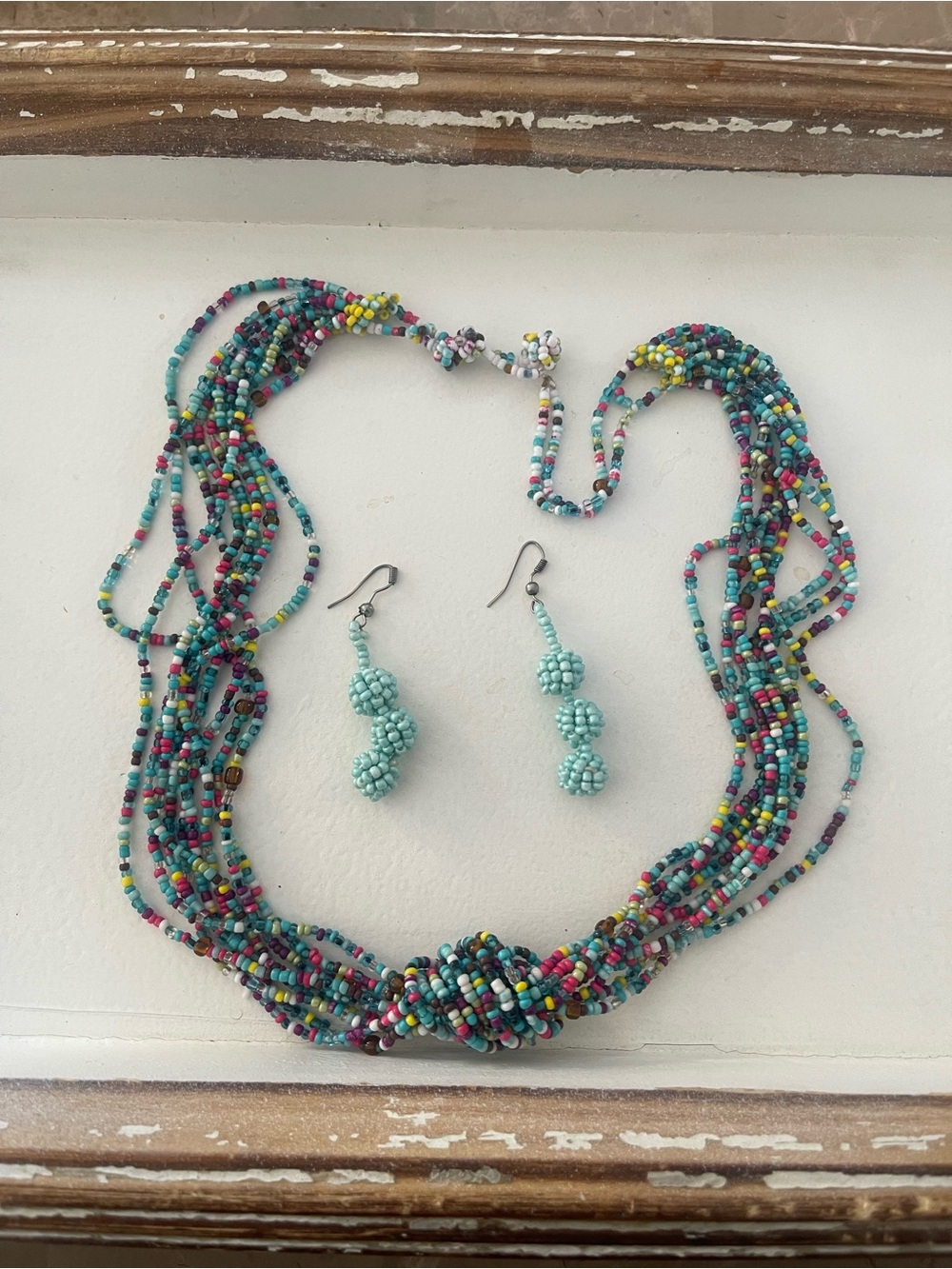 Vintage 2001 Handmade Multicolor Seed Bead Necklace with Aqua Bead Knot Earrings